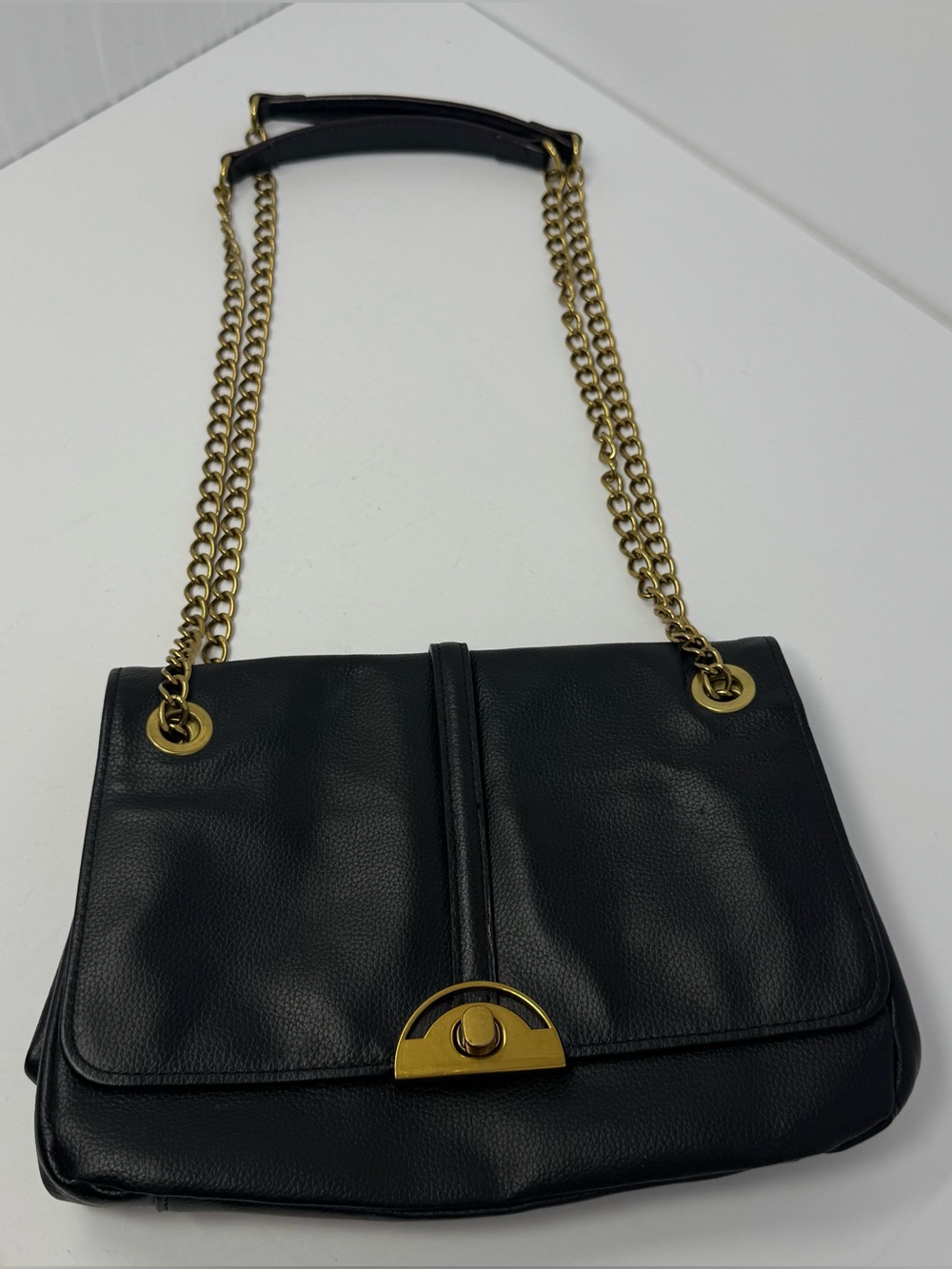Antonio Melani Black Leather Crossbody Shoulder Purse Bag w/ Gold Chain Strap